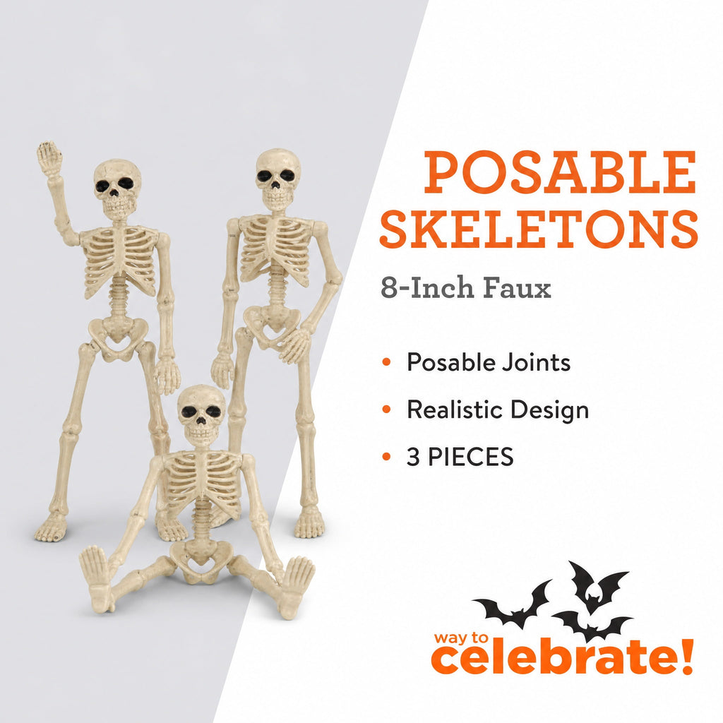 Mini Faux Posable Skeletons, 8", 3 Count, Halloween by Way To Celebrate