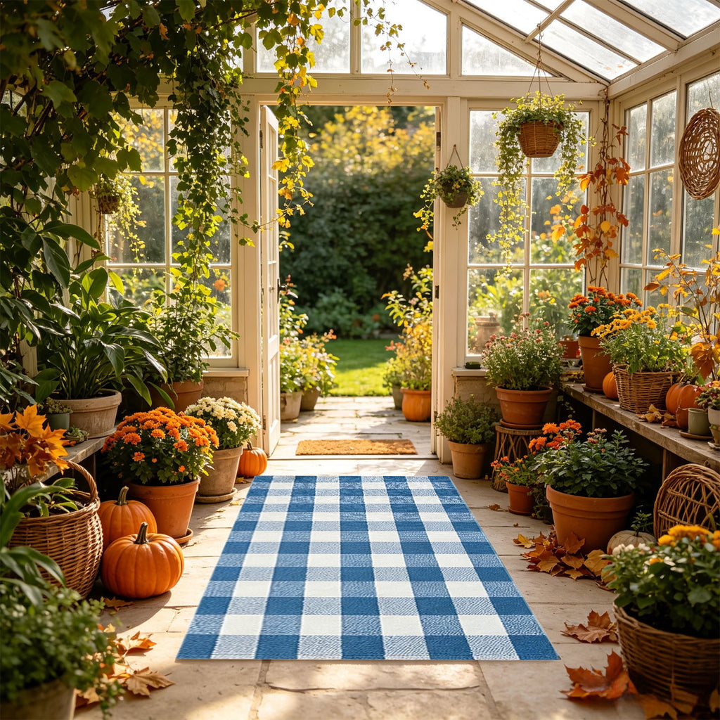 Orange Plaid Fall Outdoor Mat, Hand-Woven Porch Rug for Thanksgiving Halloween Door Decor