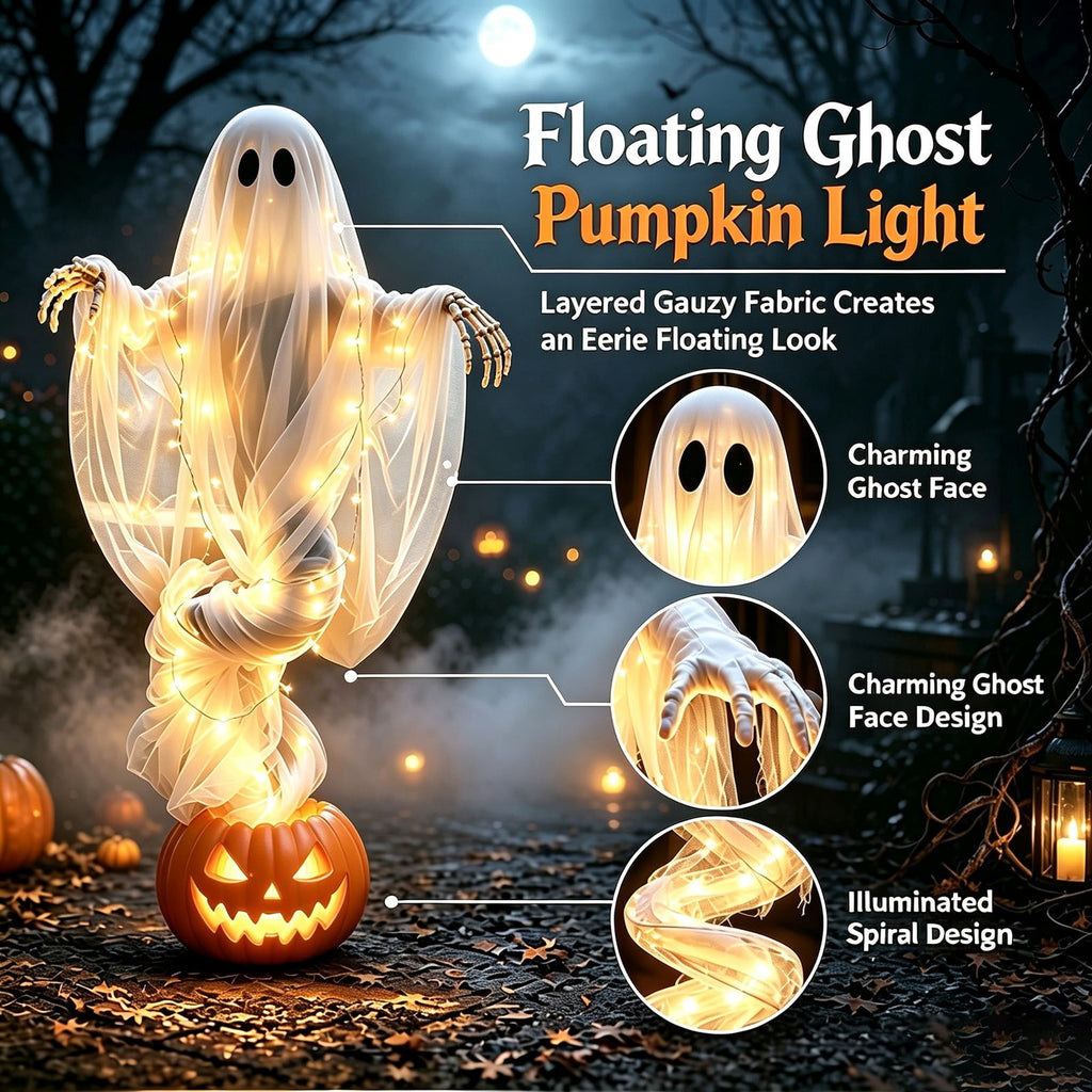 Elainilye Swirling Ghost Pumpkin Yard Lamp, Lighted Spooky Ghost Statue, Warm LED Halloween Decorations Indoor Outdoor, Fall Autumn Garden Ornament for Halloween Party Decoration