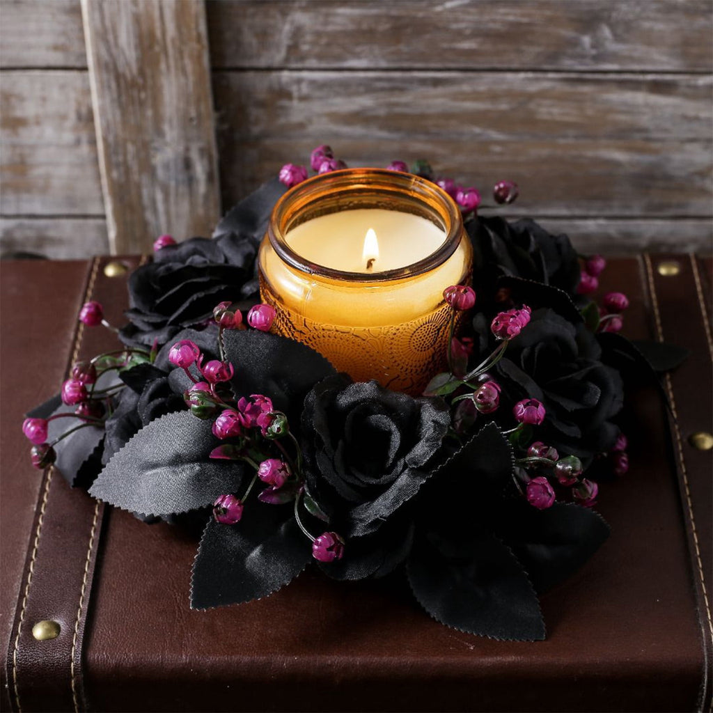 HHBEAUTY Artificial Purple Rose Halloween Candle Rings Wreaths 9.8 Inch Gothic Floral Eucalyptus Leaves Candle Ring Holder Halloween Wedding Party Centerpiece Table Decorations Home Decor