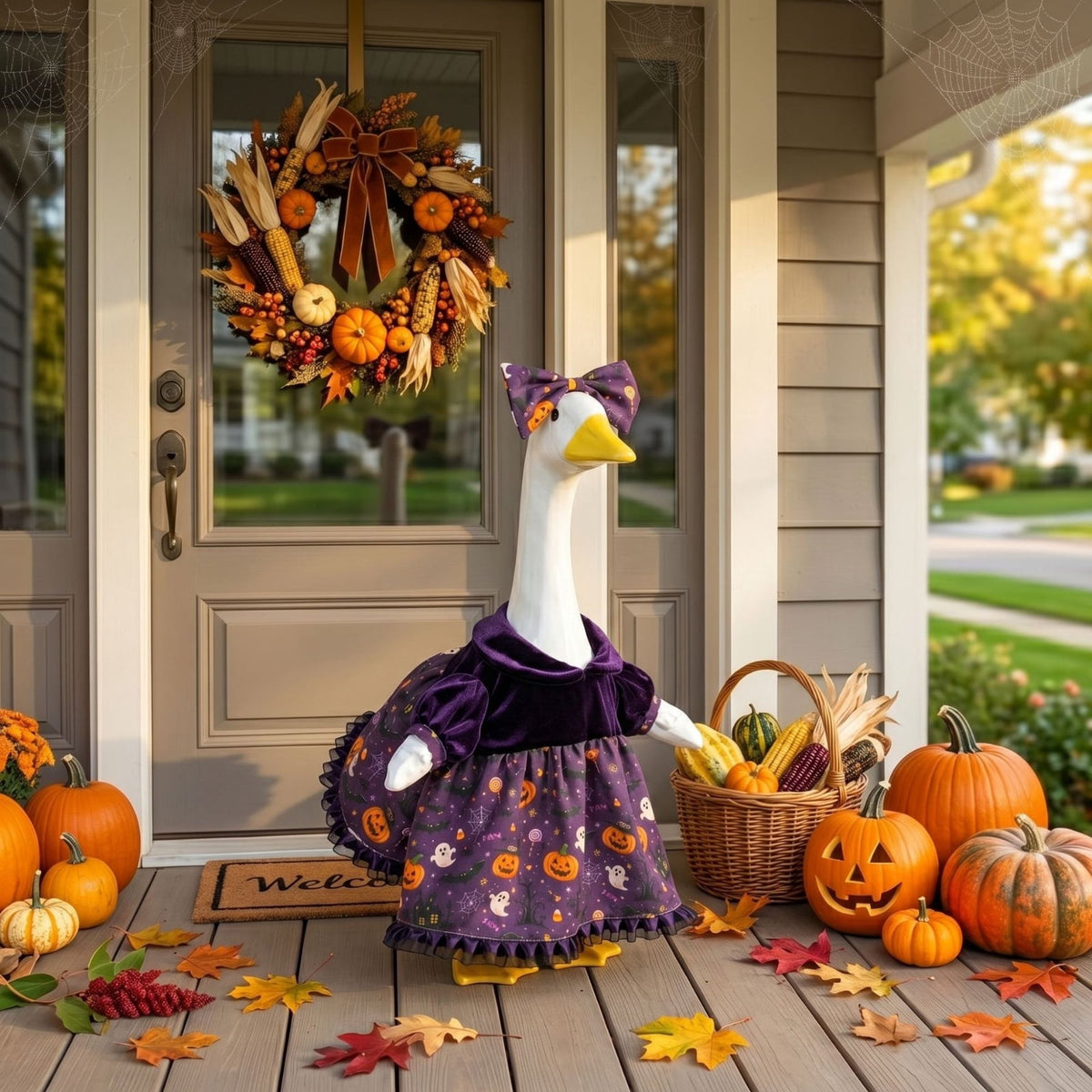 Halloween Garden Porch Decor, Porch Goose Outfits Halloween, 23 Inch Porch Goose Outfits, Witch Dress and Hat Set, Fits 23X11X26 Inch Standing Plush Goose for Front Porch Lawn