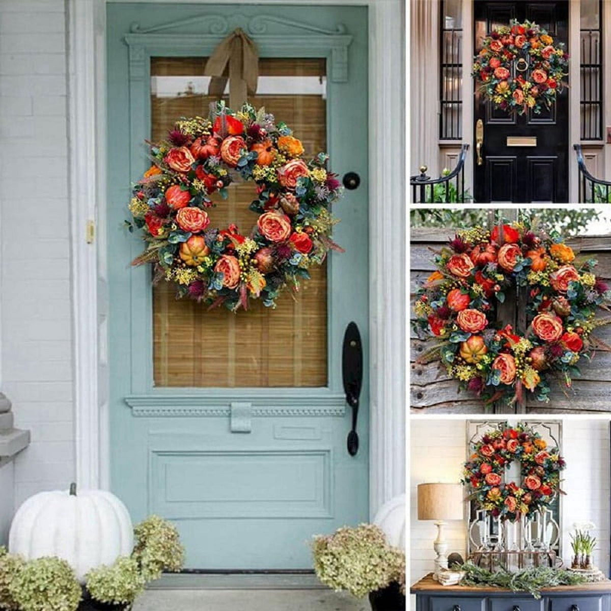 17.7-Inch Autumn Wreath Fall Wreaths for Front Door Outside,with Pumpkin Berries Suitable for Halloween Thanksgiving