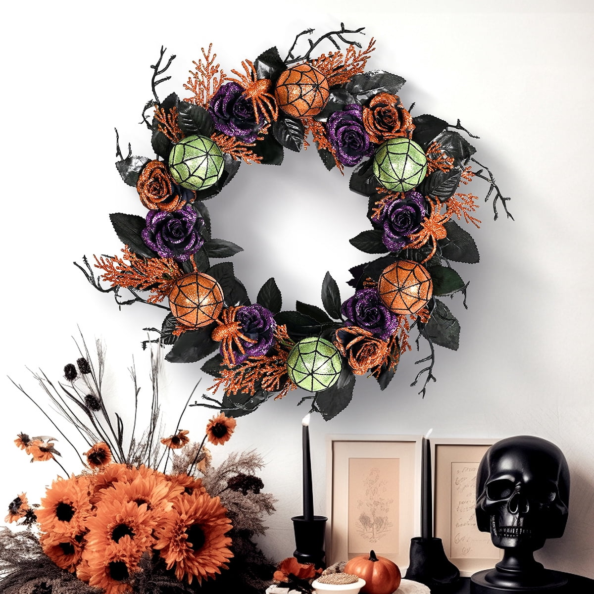 17.7 Inch Halloween Wreaths for Front Door, Spider Rose Wreaths for Indoor Outdoor Window Proch Wall Home Halloween Decoration