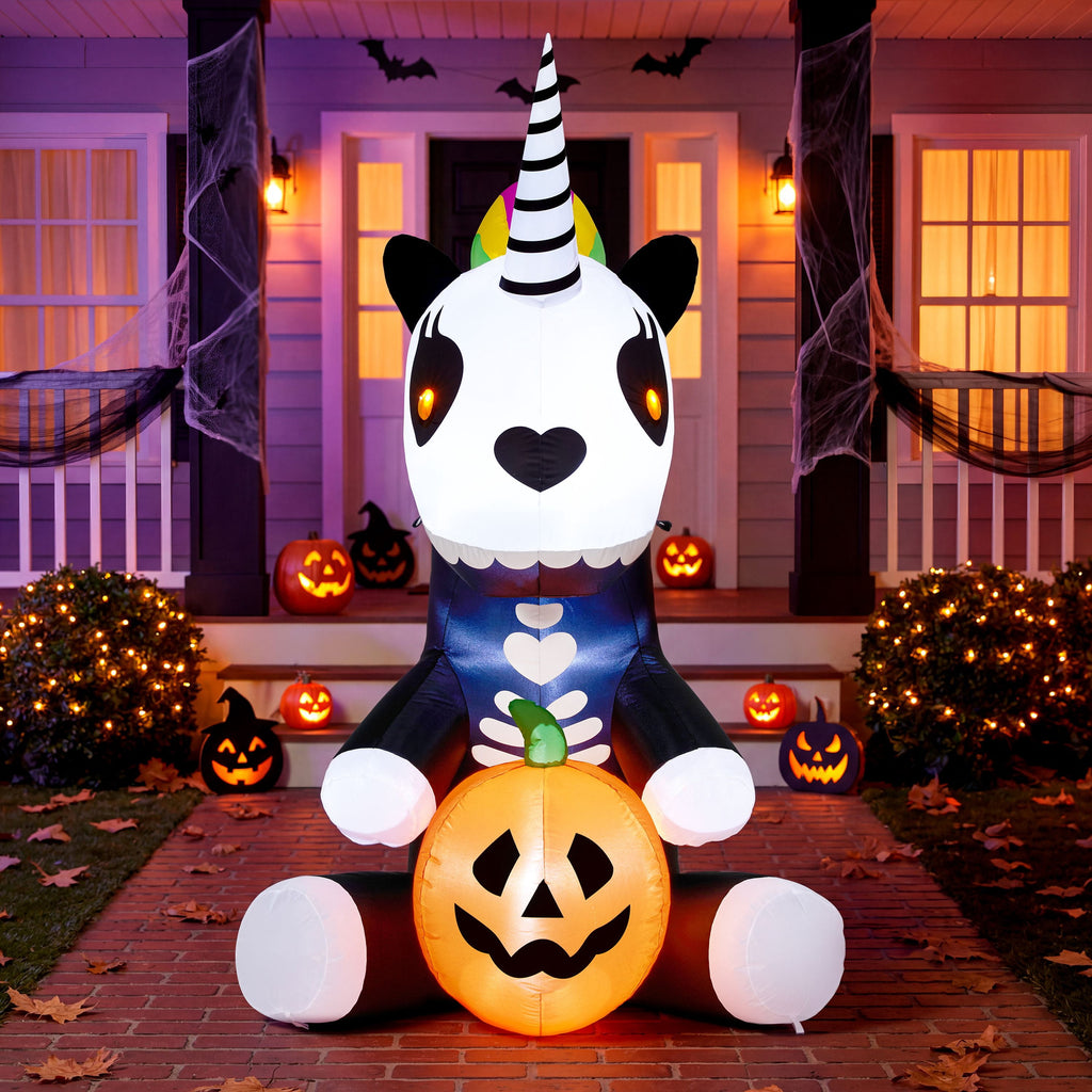 Joyfy 5 ft Halloween Inflatable Sitting Skeleton Unicorn with Build-in LEDs,Halloween Blow up Yard Decorations Outdoor Decorations