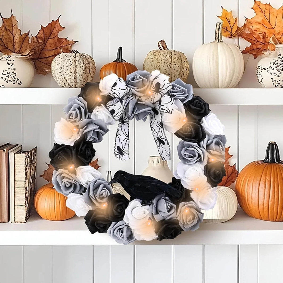 Halloween Decorative Wreath with Crow Roses Lights,13.7" Black White Flowers Gothic Garland for Wedding,Creepy Decor Pendant,Wreath for Front Door Porch Window, Indoor Outdoor Home Halloween Decor