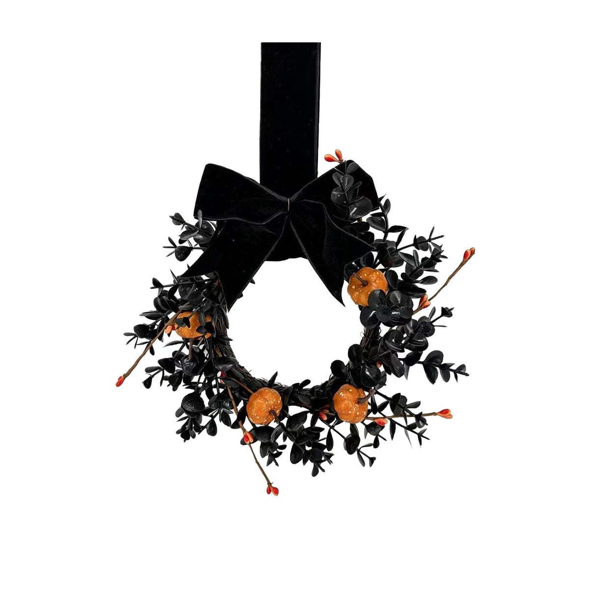 Gothic Halloween Wreath with Velvet Bow and Mini Pumpkins for Front Door Fall Decor 23 Inch