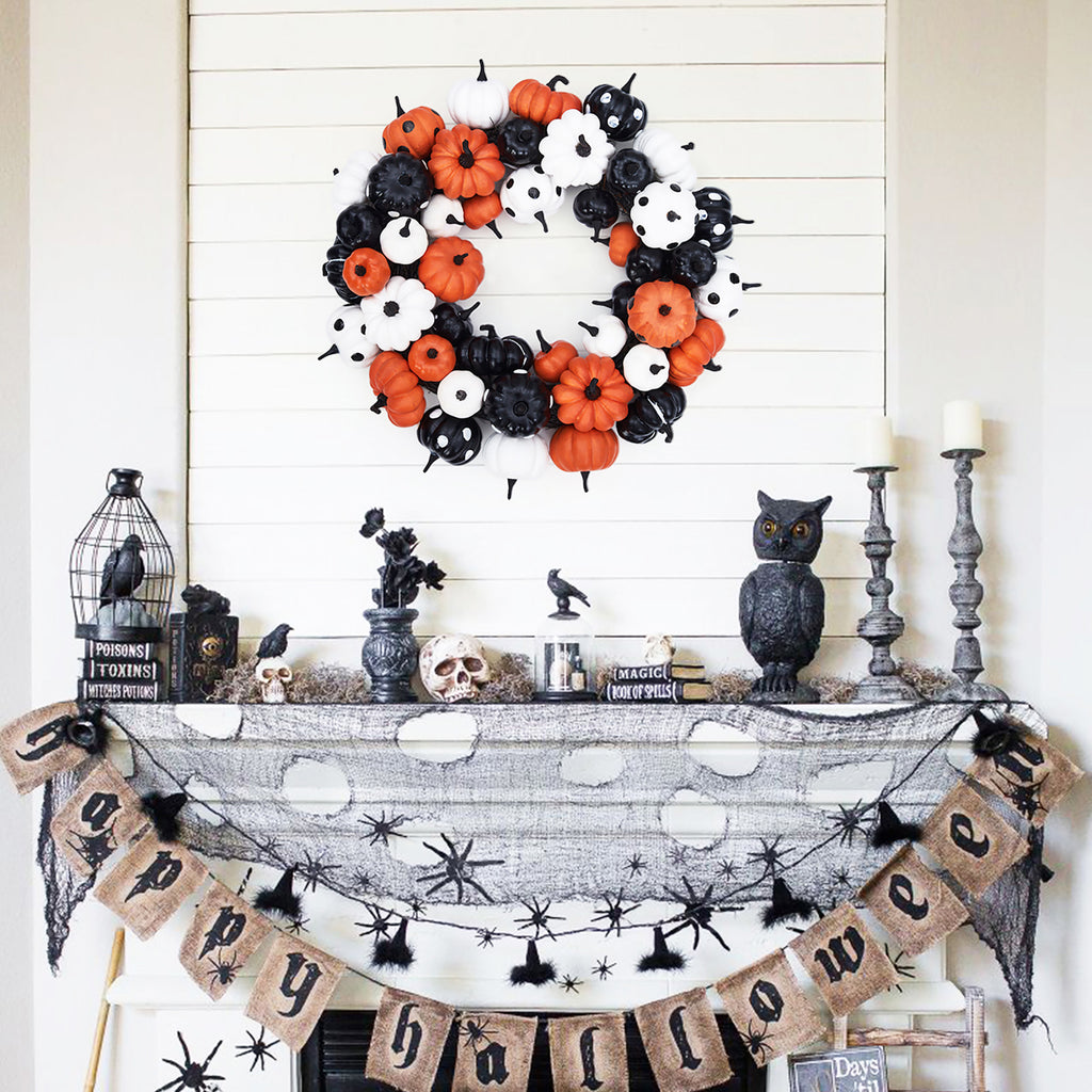 Festisoul Halloween Pumpkin Wreath for Front Door, 18'' Fall Wreath, Rattan Bottom Halloween Indoor Outdoor Decorations for Home, Party, Fireplace