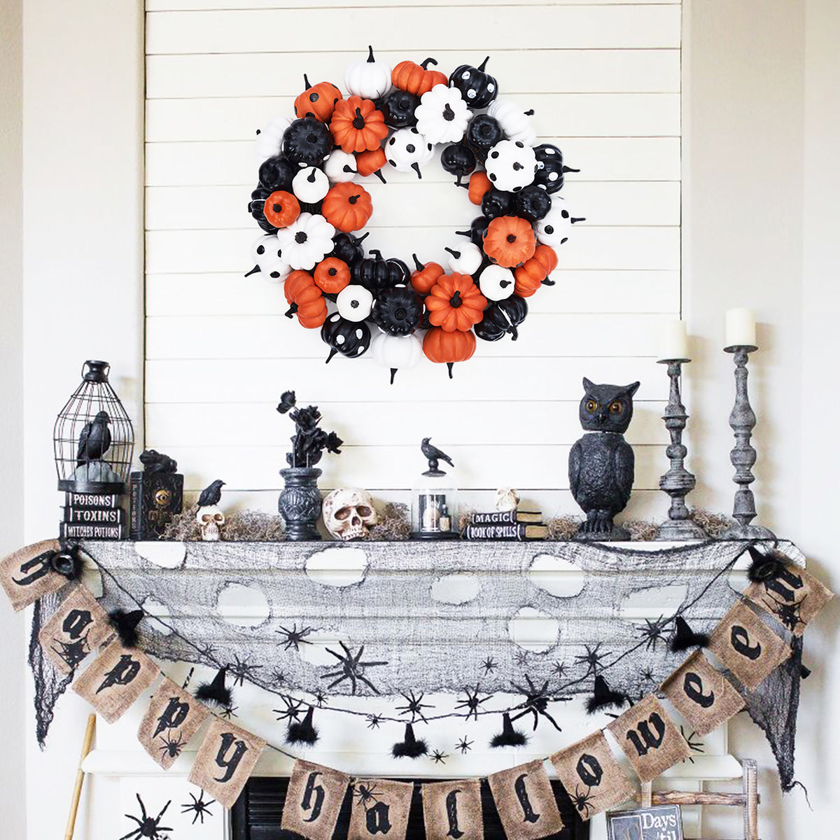 Festisoul Halloween Pumpkin Wreath for Front Door, 18'' Fall Wreath, Rattan Bottom Halloween Indoor Outdoor Decorations for Home, Party, Fireplace