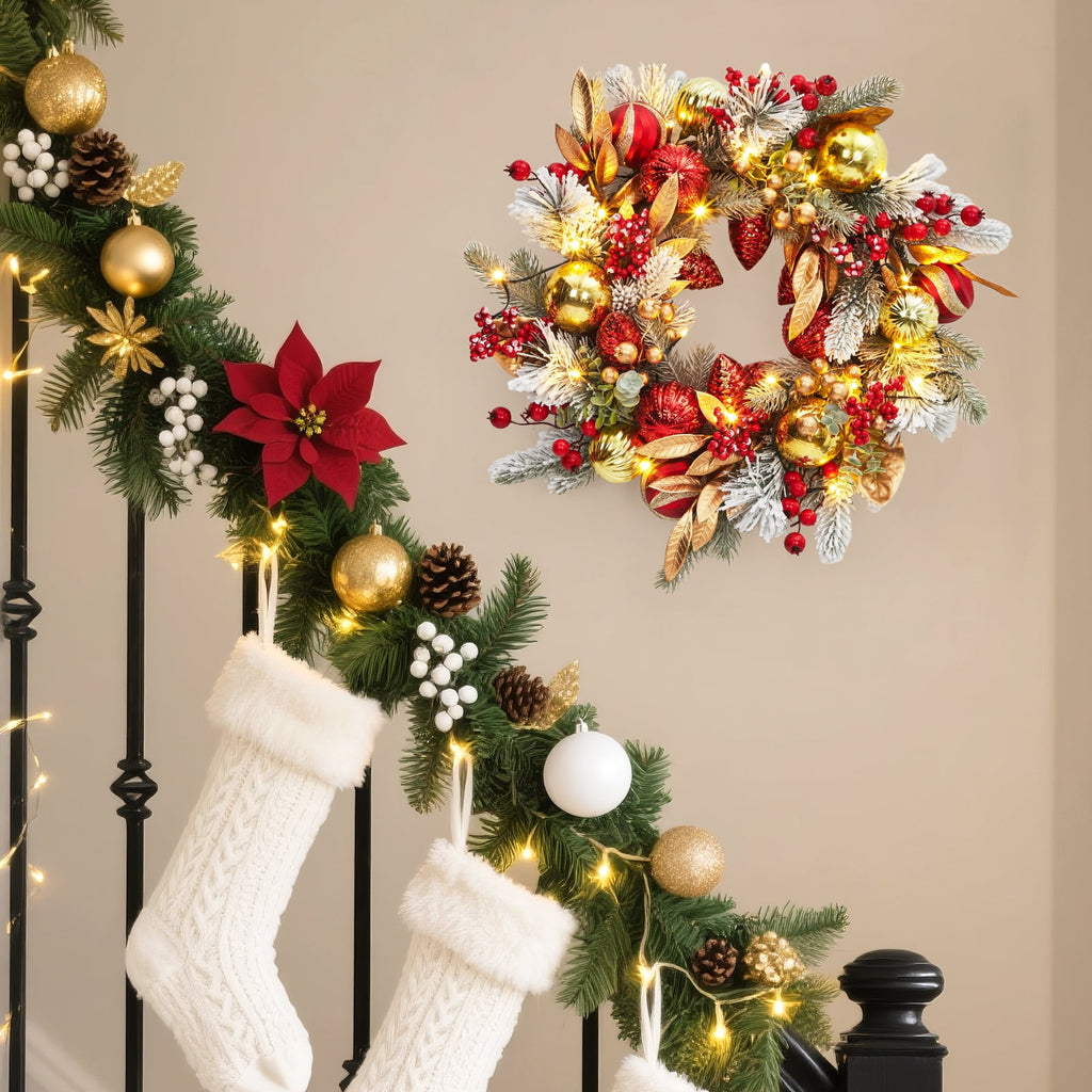 JoanKaren 24 inch Large Christmas Wreath Silver White with 20 LED Lights,Prelit Xmas Wreath w/ Ball Ornaments Pine Cone
