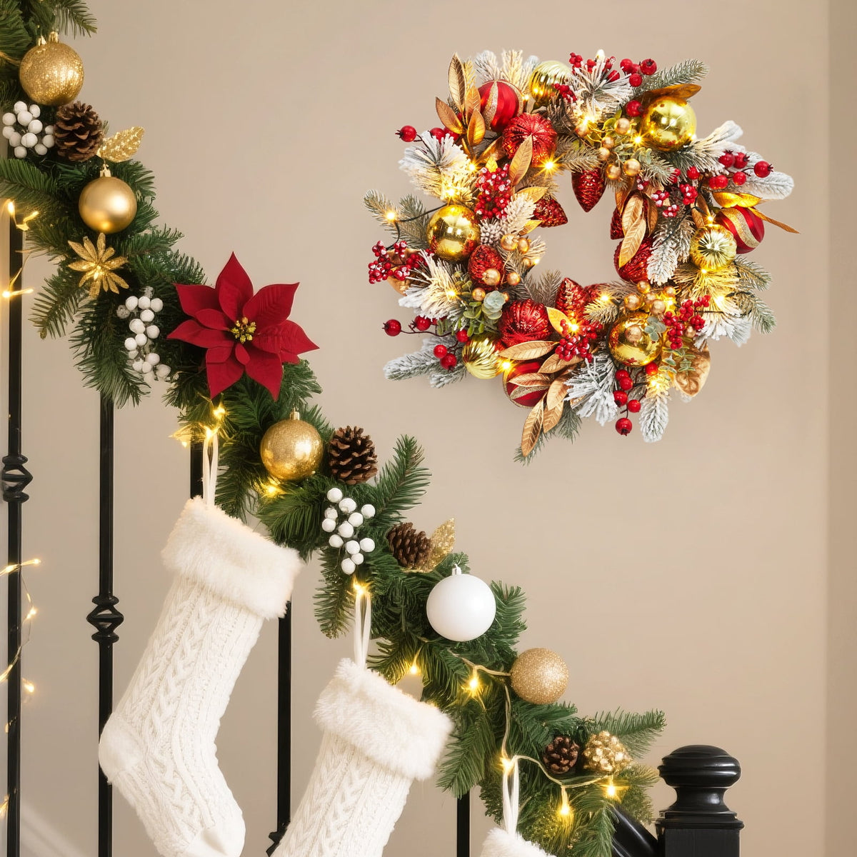 JoanKaren 24 inch Large Christmas Wreath Silver White with 20 LED Lights,Prelit Xmas Wreath w/ Ball Ornaments Pine Cone