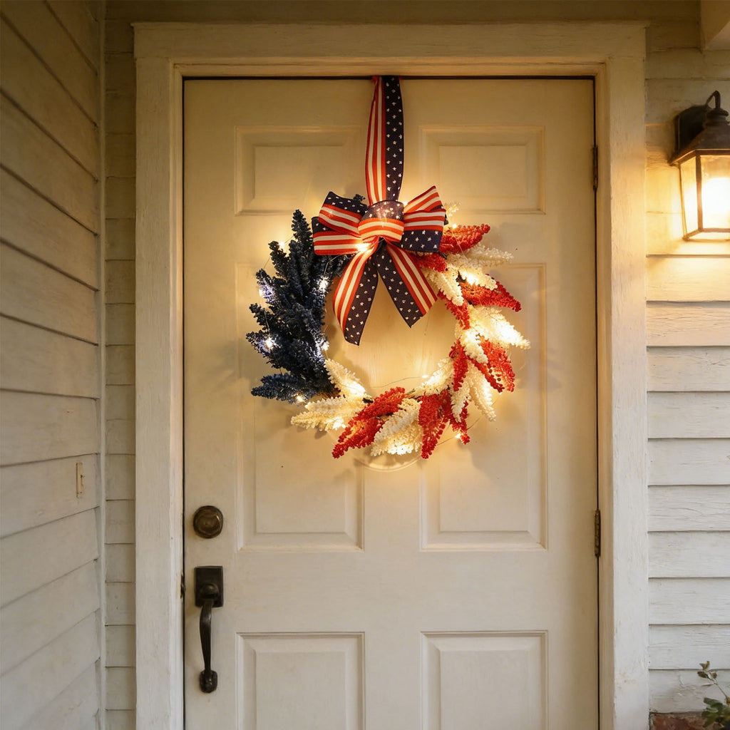 AZXY 20 Inch 4th of July Patriotic Wreath, Red White Blue Mesh Wreath with American Flag Star & Stripe Ribbons, Patriotic Americana Decor for Independence Day Memorial Day Front Door Indoor Outdoor