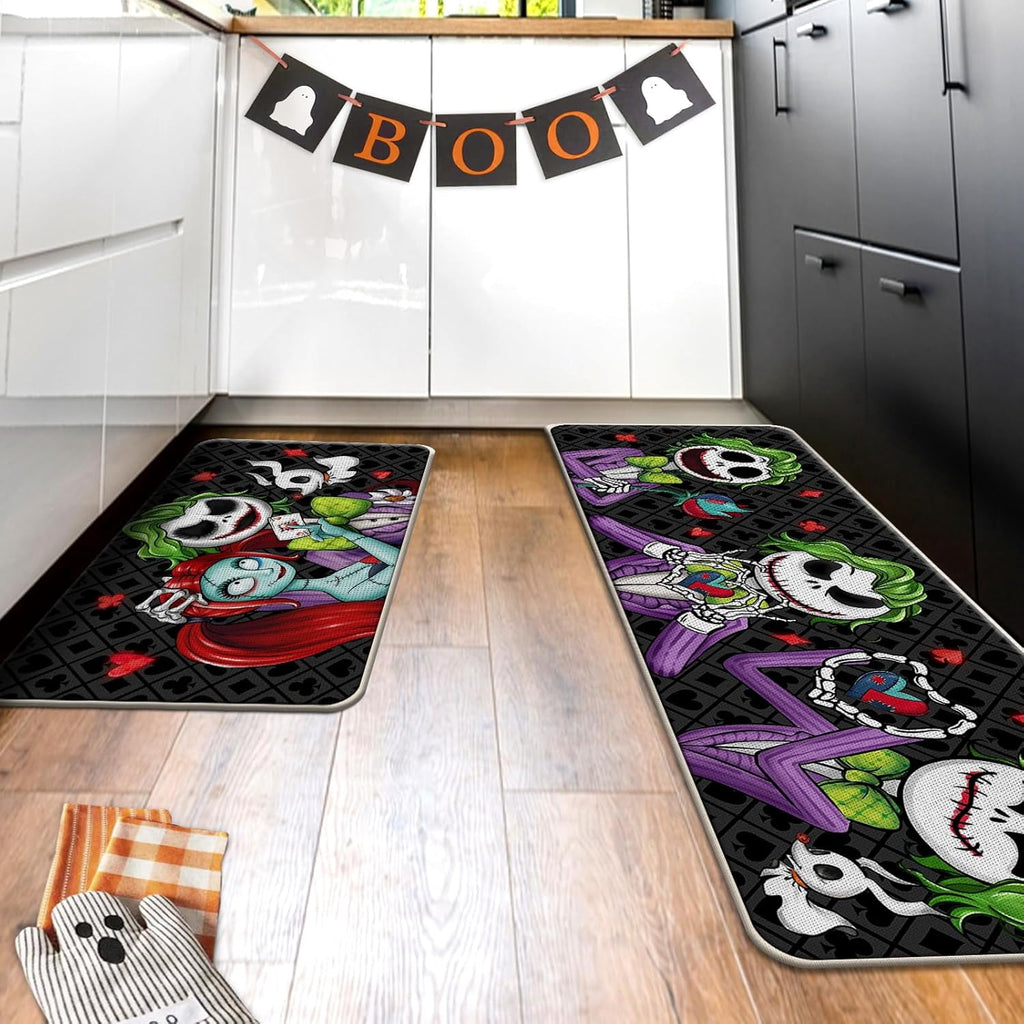 Halloween Jack Skellington Kitchen Rugs Set of 2, Green Monster Mayor Jack O Lantern Pumpkin Kitchen Mats Decor, Funny Holiday Ghost Floor Door Mat Home Decorations - 17x29 and 17x47 Inch
