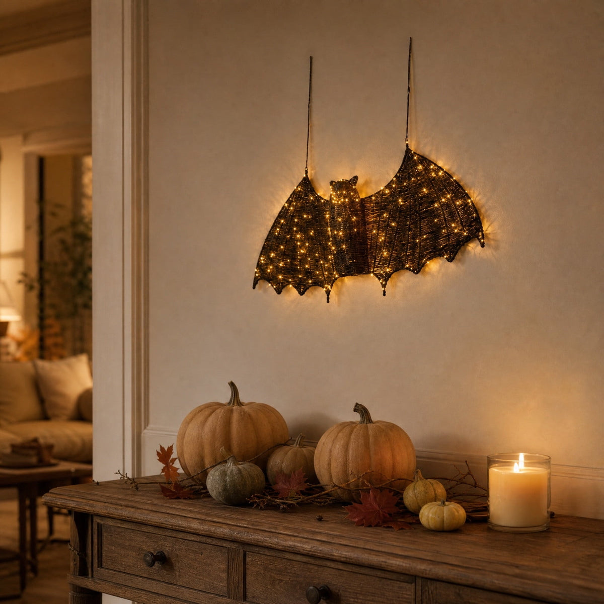 Black Rattan Wall Decoration, Halloween Wicker Bat Art, Indoor and Outdoor Festive Decor, Durable Plastic Material