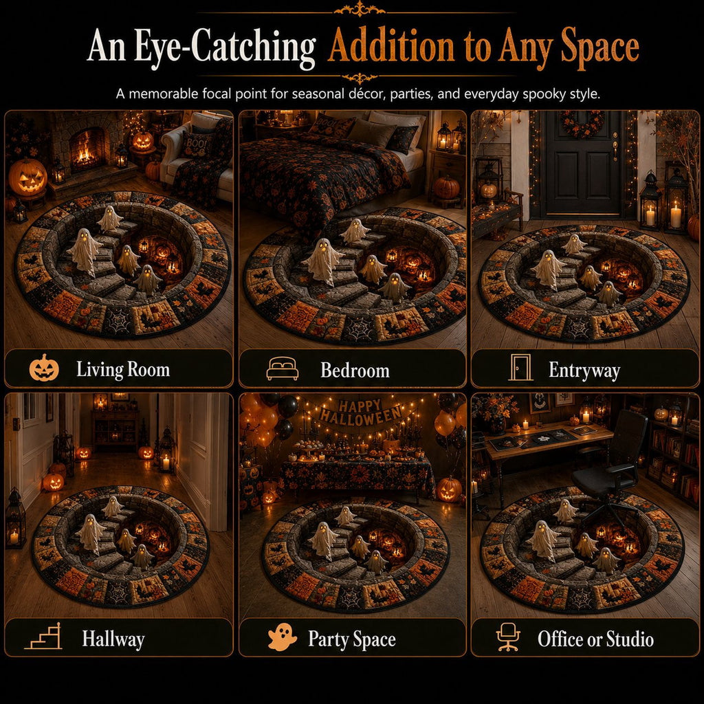 Halloween Staircase Optical Illusion Round Rug, Spooky 3D Floor Mat with Ghosts Pumpkins, Soft Non-Slip Carpet for Living Room Entryway – 4 Sizes