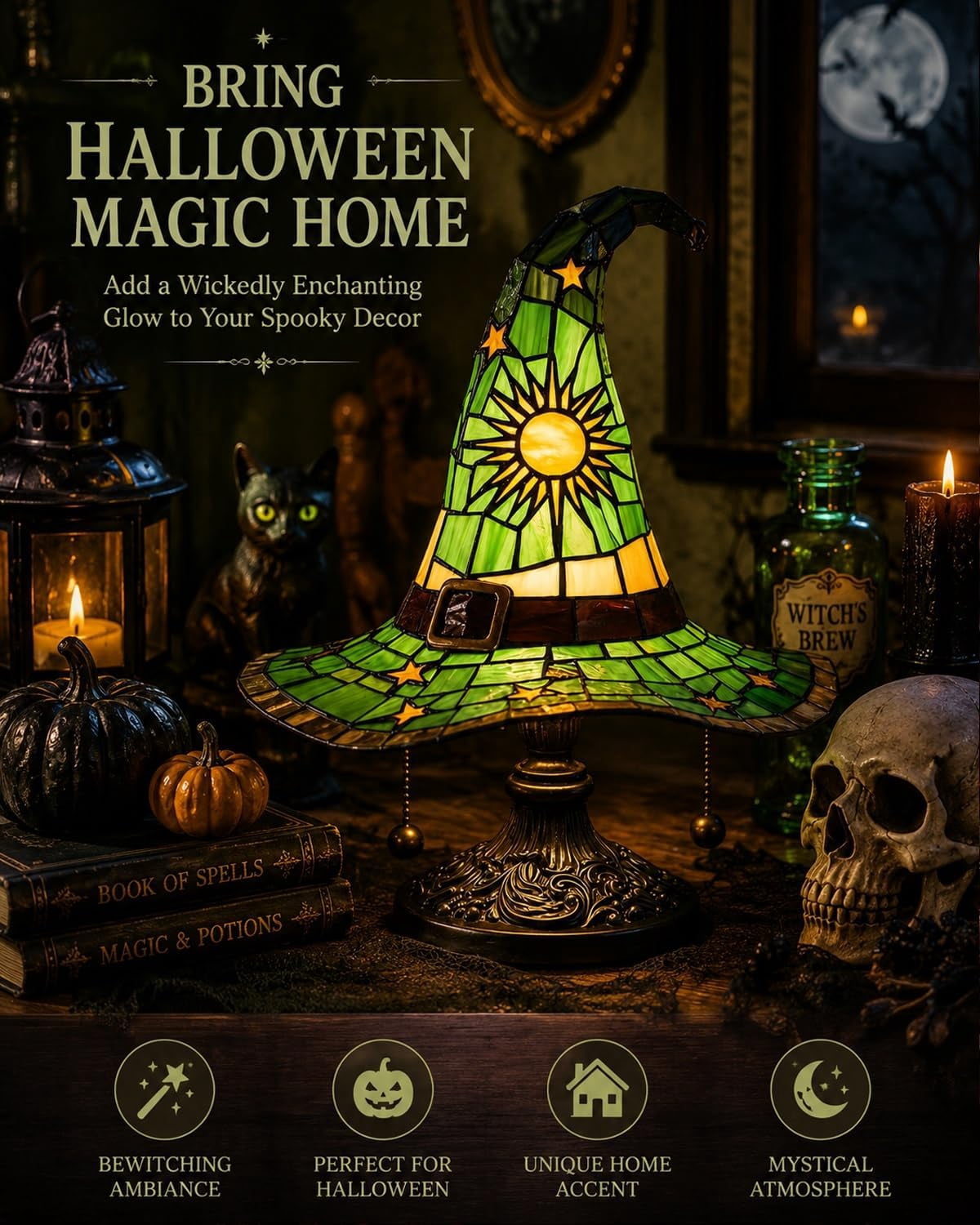Clearance Witch Hat Lamp, Halloween Nigh Light Handcrafted Retro Resin Witch Hat Light, Usb Powered, Gothic Halloween Decorations for Bedroom