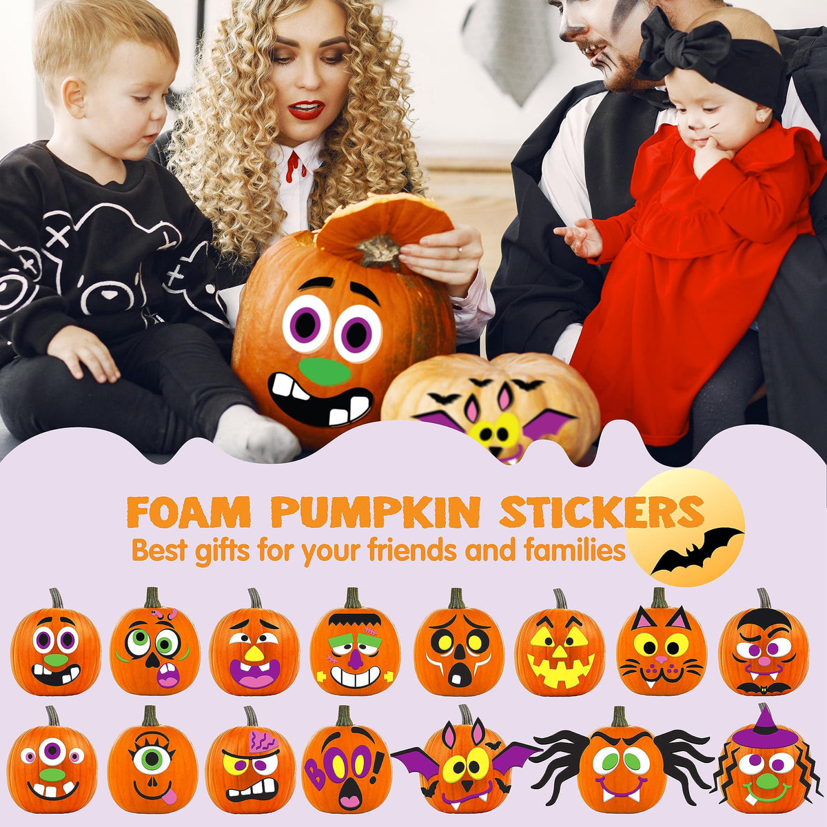 Joyfy 16 Faces Halloween Pumpkin Decorations Stickers Foam Craft Kit, 18 Sheets 16 Designs Halloween Party Favors for Kids, Party Supplies Arts Activities, Jack O Lantern Face Sticker School Gifts