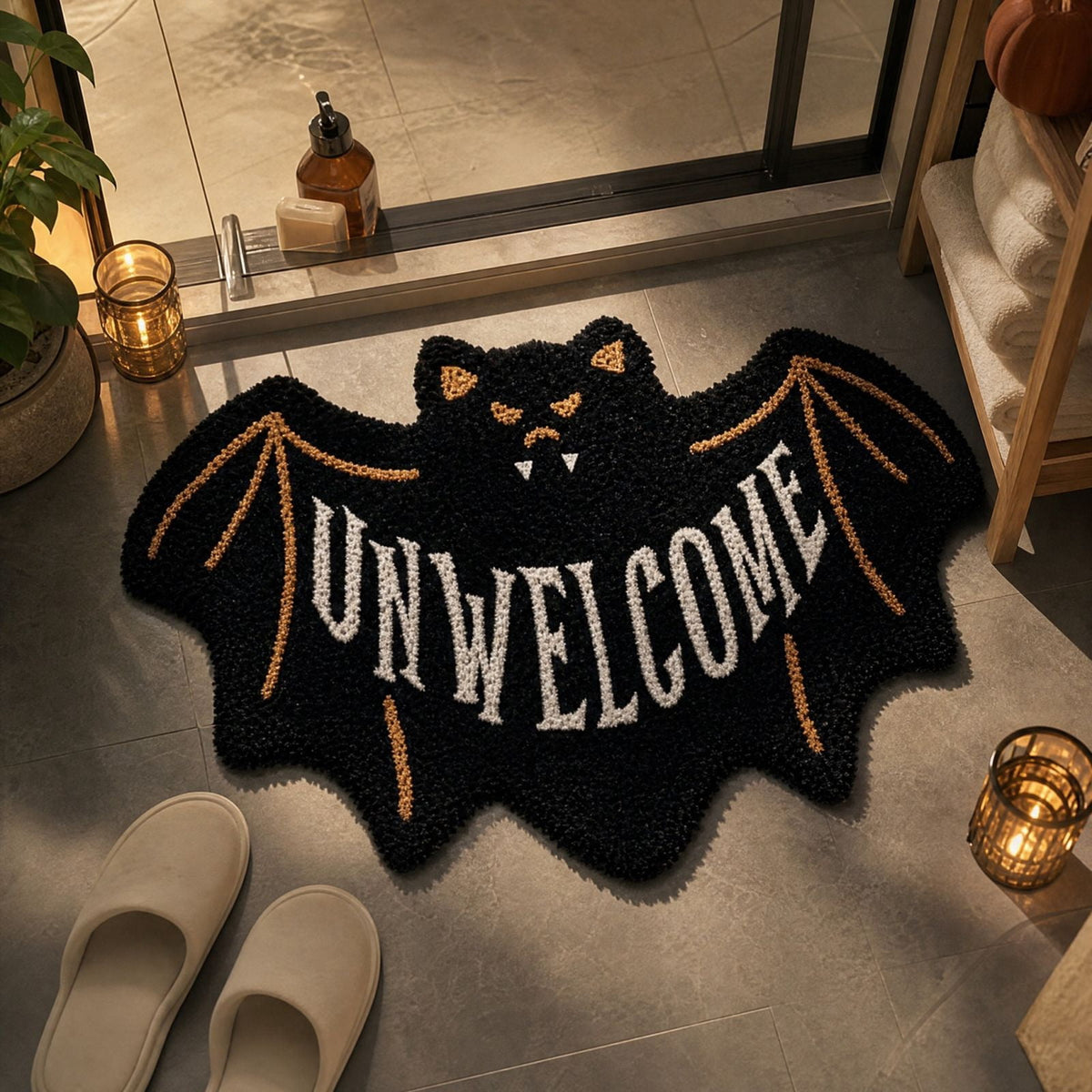 Gothic Halloween Bat Shaped Bath Mat, 23.6 x 15.7 in Unwelcome Pattern, Thick Decorative Entryway Floor Rug