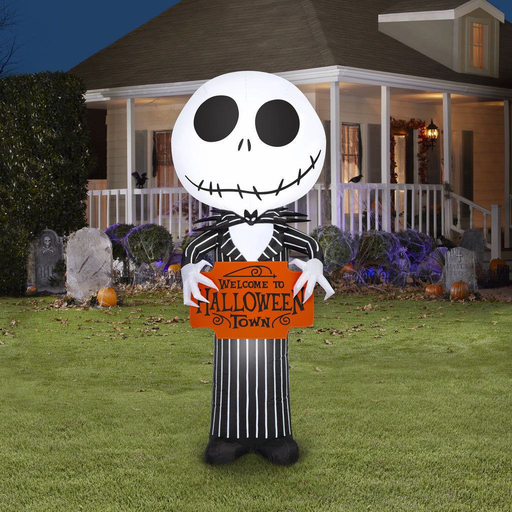 Airblown Halloween Yard Inflatables Light Jack Skellington with Welcome to Halloween Town Sign Disney, 5 ft
