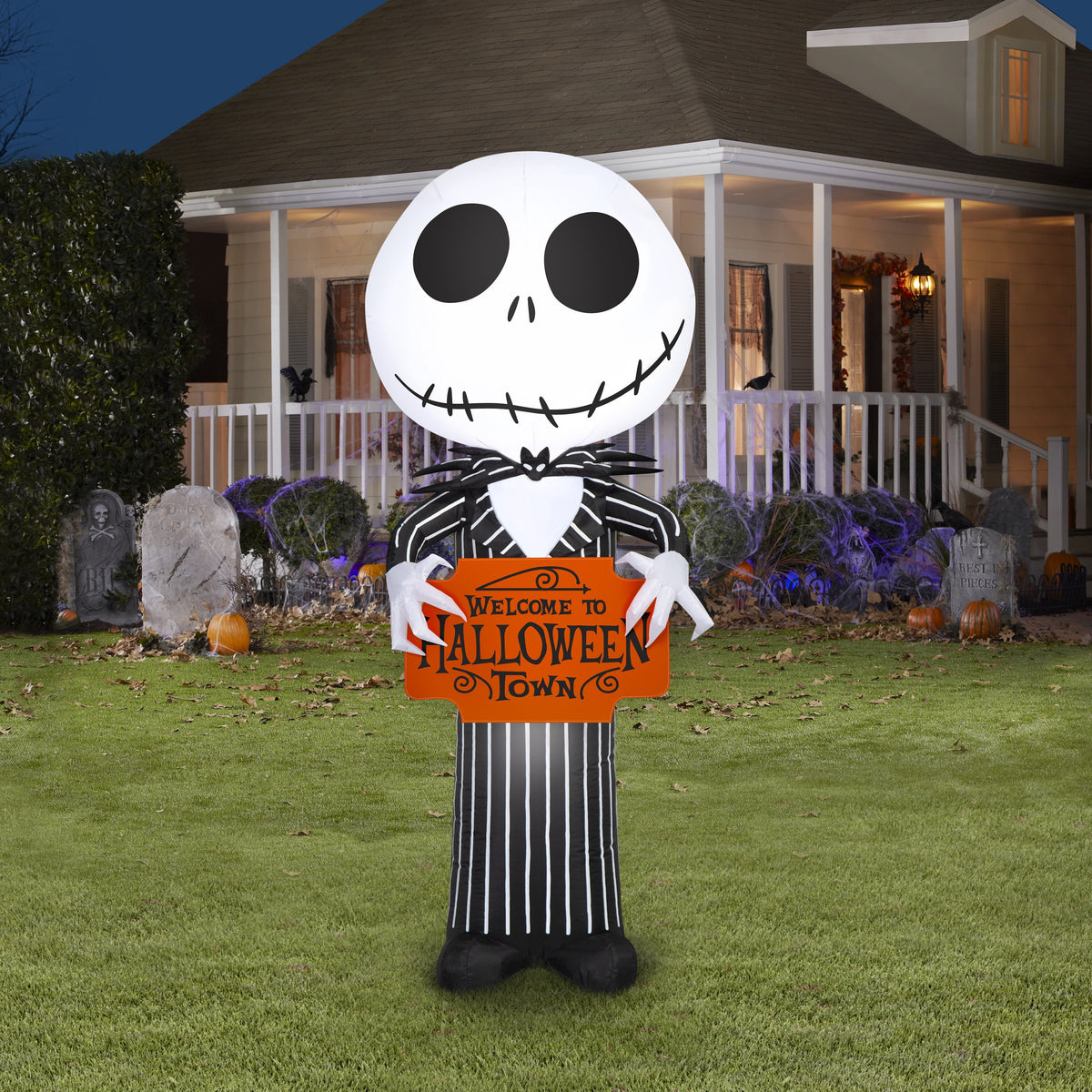 Airblown Halloween Yard Inflatables Light Jack Skellington with Welcome to Halloween Town Sign Disney, 5 ft