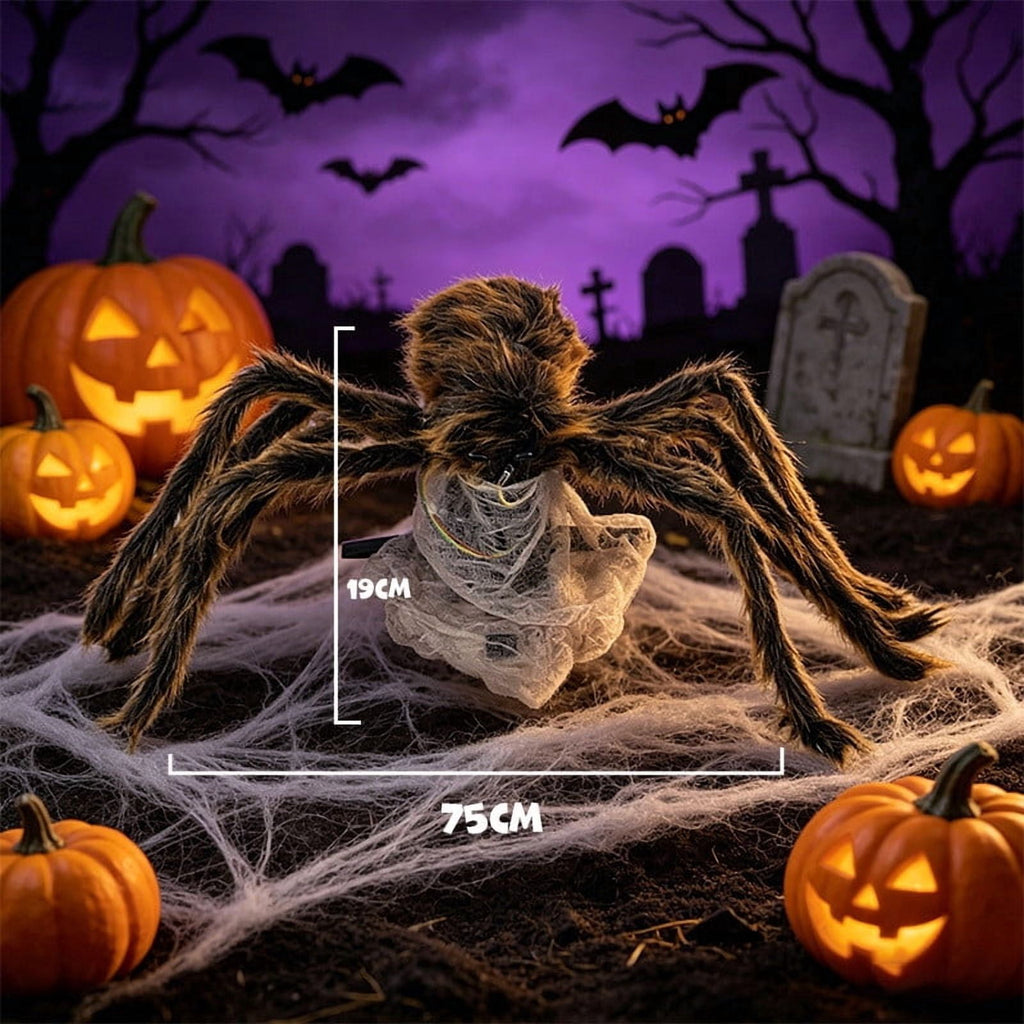 Jumping Scary Spider Halloween Prop Animated Pops Up Furry Toy with Glowing Eyes Spooky Sounds Motion-Activated Prank Decor for Porch Party Display