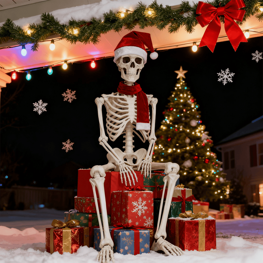 Giant Skeleton Christmas Outfit,12ft Skeleton Christmas Accessories Costume Including Giant Santa Hat,Xmas Banners,Scarf for Garden Lawn Indoor Outdoor Decor