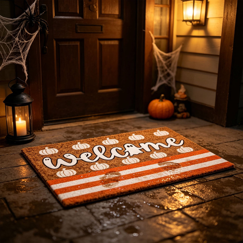 Fllostpr Halloween Pumpkin & Crow Welcome Doormat for Front Door, Non-Slip Vintage Brown Coir Floor Mat for Outdoor Porch Entryway Decor,16x24 Inch