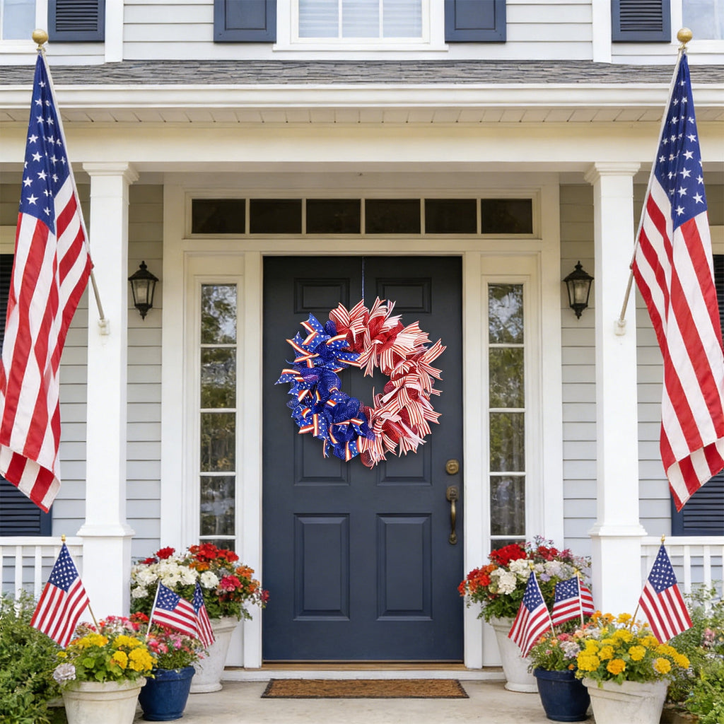 AZXY 20 Inch 4th of July Patriotic Wreath, Red White Blue Mesh Wreath with American Flag Star & Stripe Ribbons, Patriotic Americana Decor for Independence Day Memorial Day Front Door Indoor Outdoor