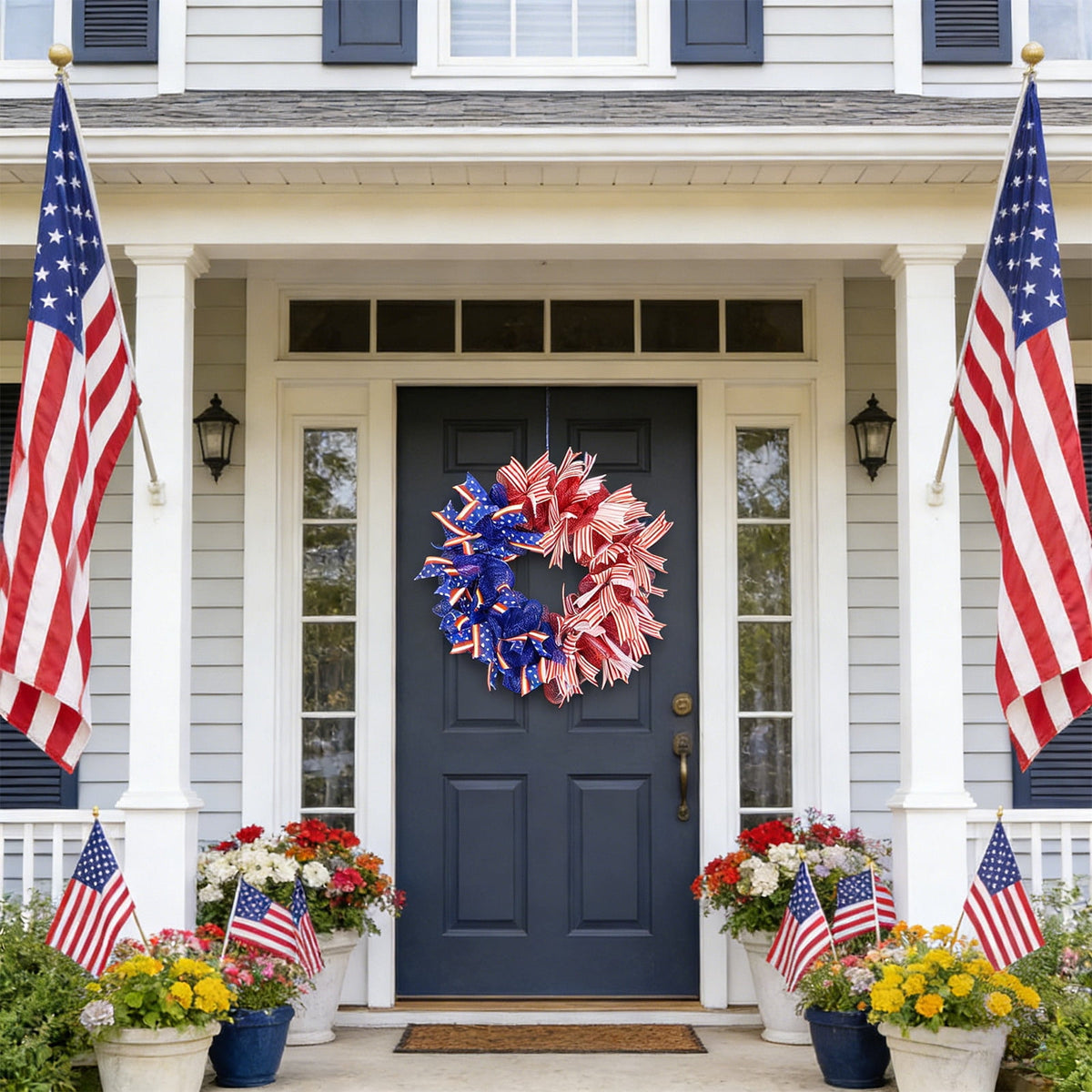 AZXY 20 Inch 4th of July Patriotic Wreath, Red White Blue Mesh Wreath with American Flag Star & Stripe Ribbons, Patriotic Americana Decor for Independence Day Memorial Day Front Door Indoor Outdoor