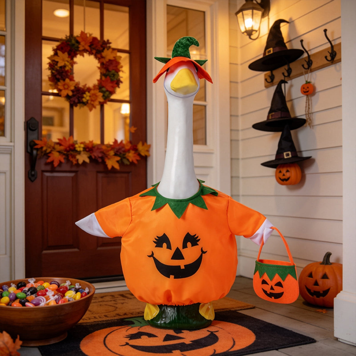 Halloween Garden Porch Decor, Porch Goose Outfits Halloween, 23 Inch Porch Goose Outfits, Witch Dress and Hat Set, Fits 23X11X26 Inch Standing Plush Goose for Front Porch Lawn