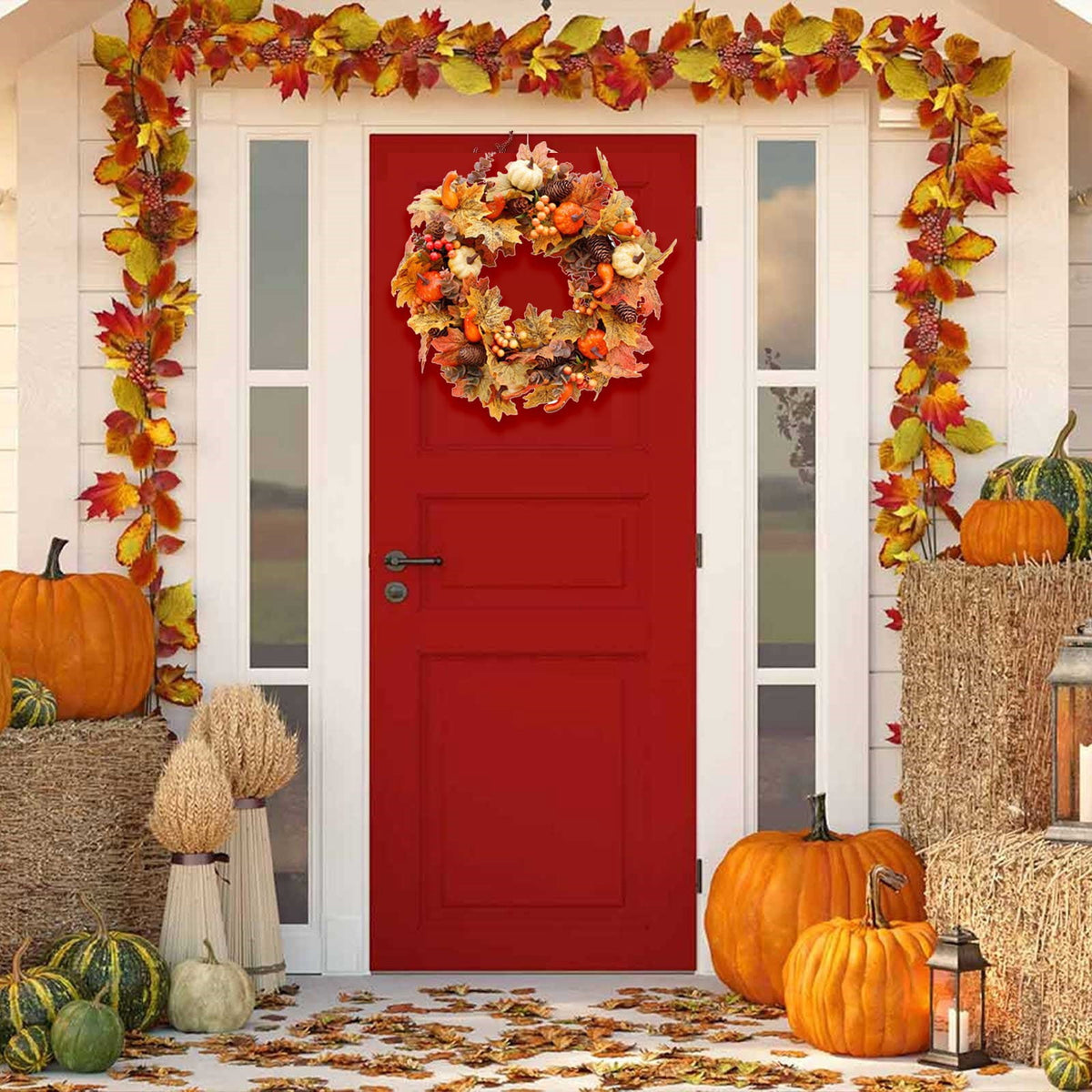 Fall Wreaths for Front Door, Farmhouse Autumn Wreath with Pumpkin Decorations, Fall Door Wreath Outdoor Indoor Thanksgiving Harvest Fall Decor