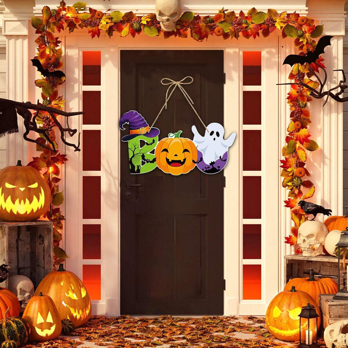 Generic Halloween Door Hanging Decor Pumpkin Ghost Bat Paper Sign Indoor Outdoor Front Door Decoration 16 Inch