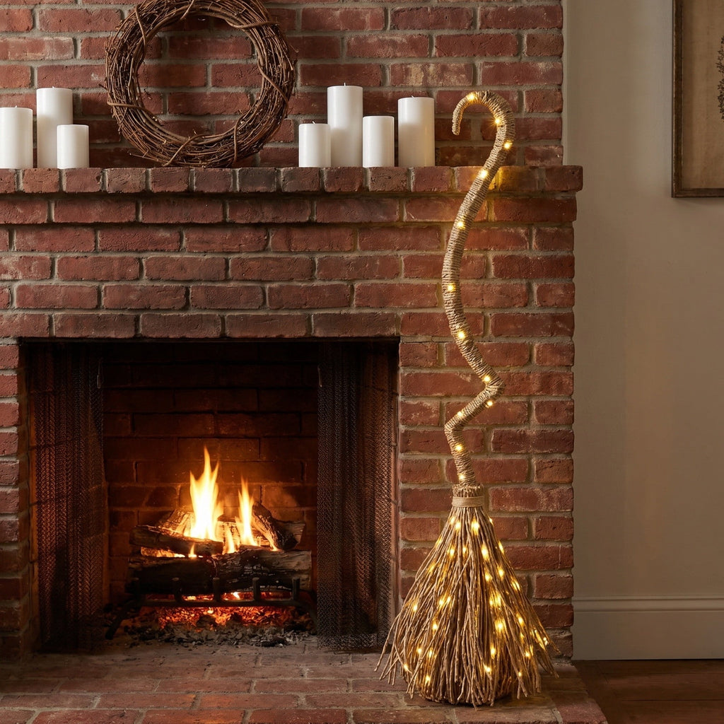 Halloween Decorations, Lighted Witch Broom, Handmade Witches Broom with String Lights, Rustic Fall Indoor Outdoor Halloween Decor for Porch, Yard, Front Door, 38"