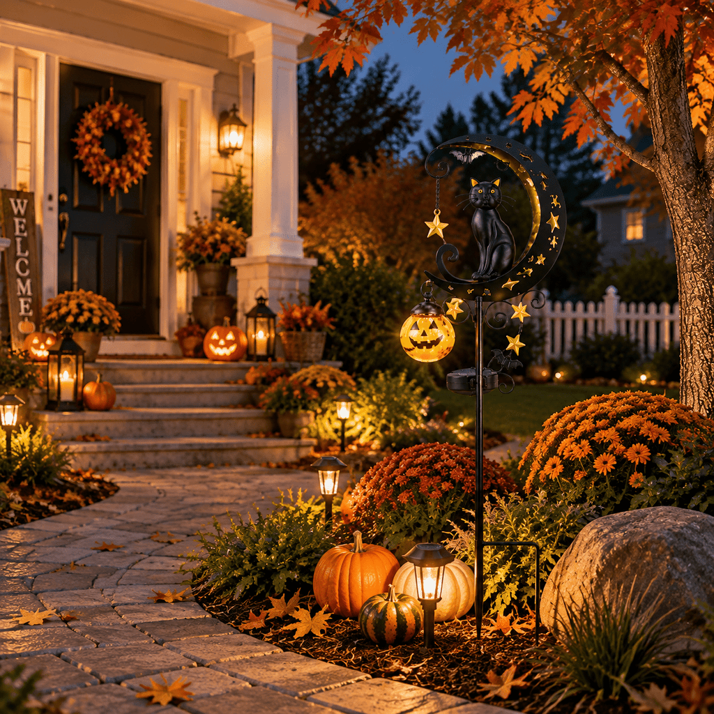Halloween Crescent Moon Pumpkin Solar Stake Light, Star Hollow Cutout Ground Lamp, Anti Rust Halloween Decorations Party for Yard Walkway black