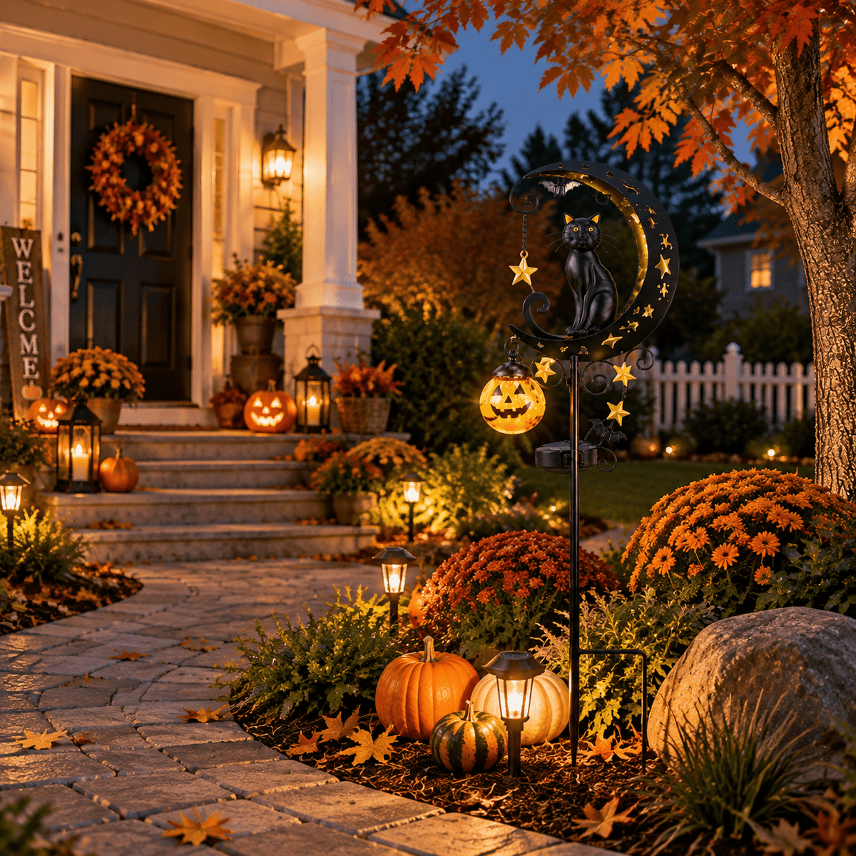 Halloween Crescent Moon Pumpkin Solar Stake Light, Star Hollow Cutout Ground Lamp, Anti Rust Halloween Decorations Party for Yard Walkway black