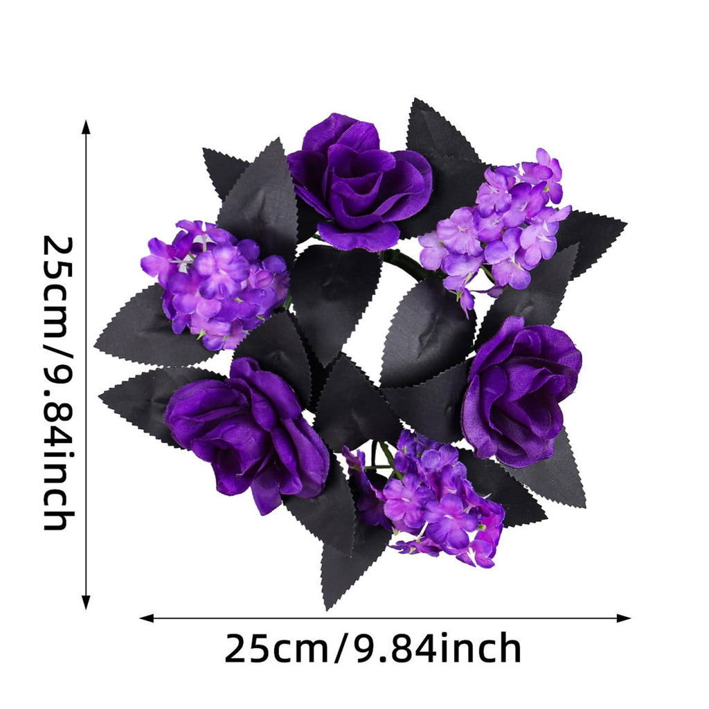 HHBEAUTY Artificial Purple Rose Halloween Candle Rings Wreaths 9.8 Inch Gothic Floral Eucalyptus Leaves Candle Ring Holder Halloween Wedding Party Centerpiece Table Decorations Home Decor
