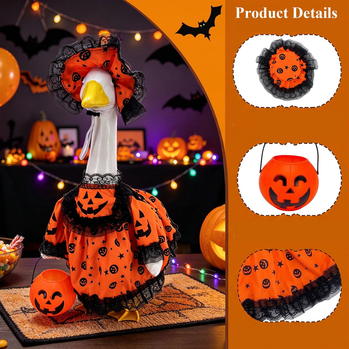 Halloween Ghost Porch Goose Outfit Fits 23 Inch Cement Lawn Goose Statue Pumpkin Face Ghost Costume with Matching Witch Hat for Fall Outdoor Garden Yard Patio Holiday Decor