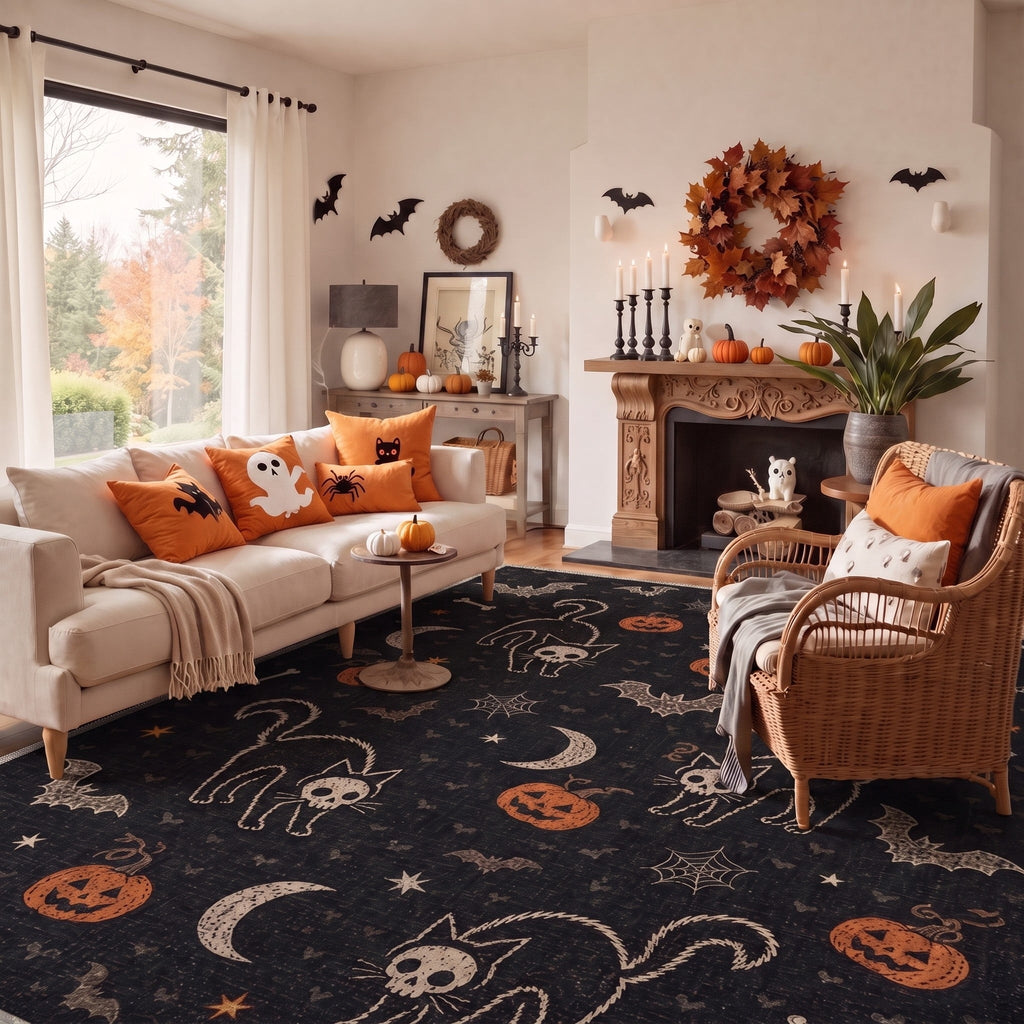 GENIMO 5'x7' Halloween Area Rug for Living Room, Washable Non Slip Soft Vintage Pumpkin Indoor Rug for Bedroom Dining Room Home Office, Antique Moss