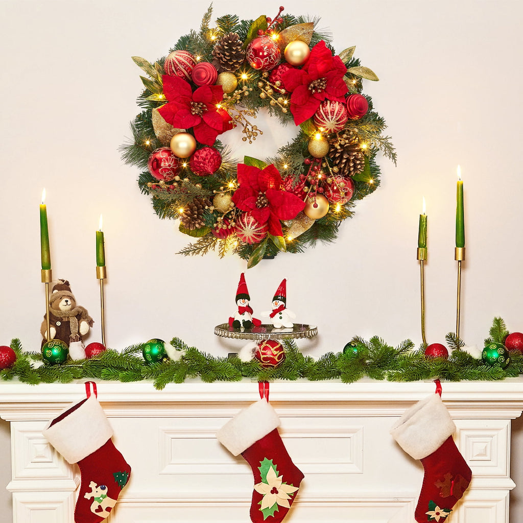 JoanKaren 24 inch Large Christmas Wreath Silver White with 20 LED Lights,Prelit Xmas Wreath w/ Ball Ornaments Pine Cone