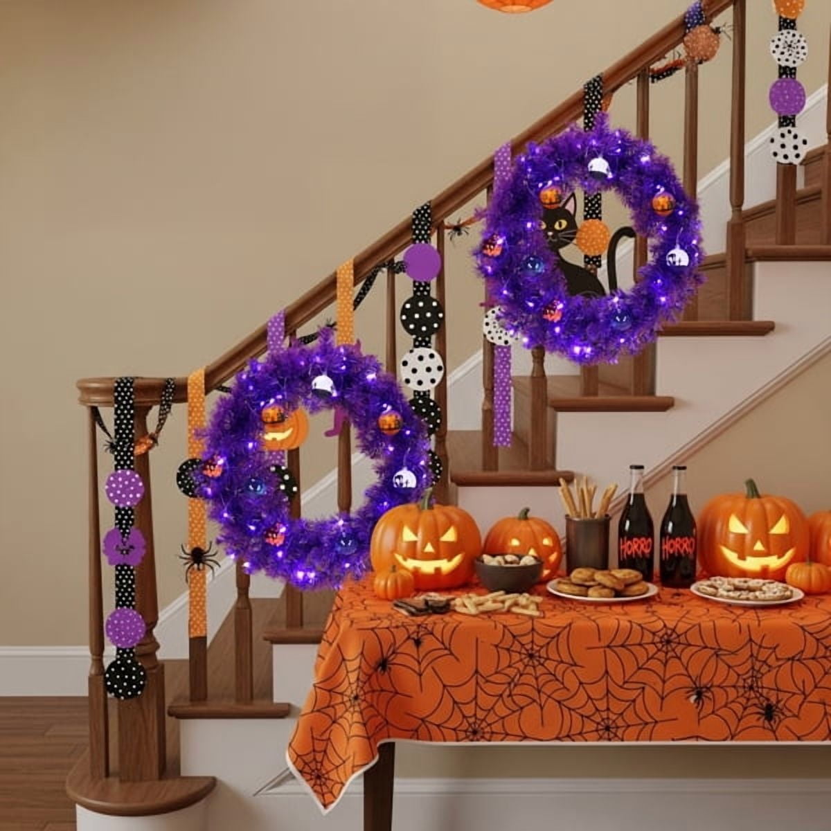24" Halloween-Themed Christmas Wreath - Purple Pre-Lit Wreath with 50 Purple/Orange LEDs, 100 PVC Tips, DIY Ornament Pack for Indoor/Outdoor Decor