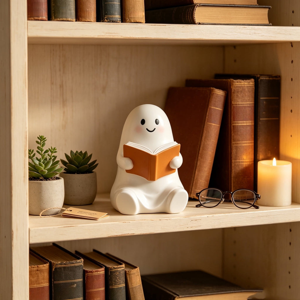Halloween Ghost Figurine, Ghost Girl with Pink Bow & Hot Drink, Funny Ghost Statue Halloween Decor for Gift, Cute Spooky Tabletop Ornament for Home, Mantle, Desk & Party Decoration