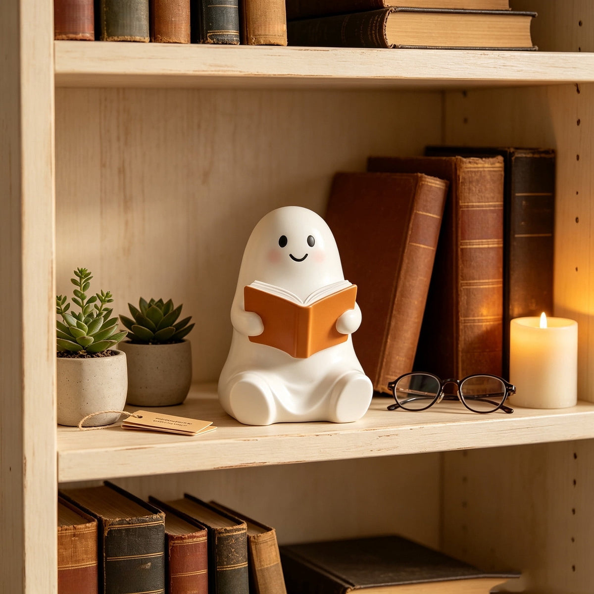 Halloween Ghost Figurine, Ghost Girl with Pink Bow & Hot Drink, Funny Ghost Statue Halloween Decor for Gift, Cute Spooky Tabletop Ornament for Home, Mantle, Desk & Party Decoration
