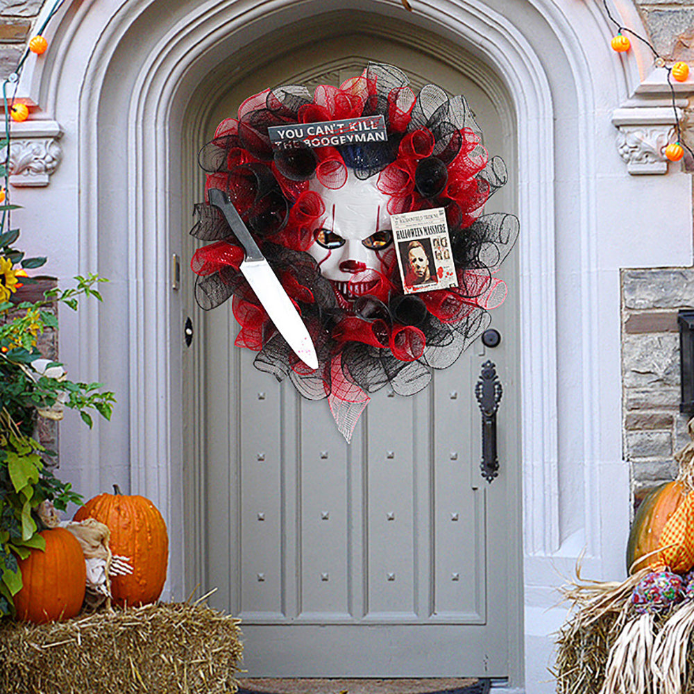 Halloween Red Mesh Mask Wreath, Creative Ghost Festival Party Wreath for Front Door Wall Hanging Haunted House Arrangement Props Festival Celebrations Decoration Holiday Home Decor