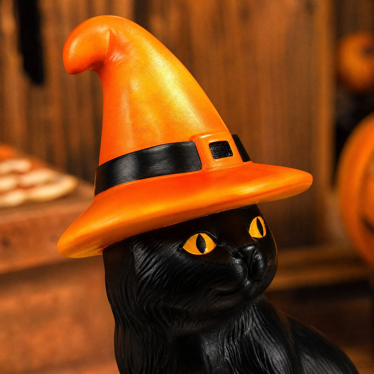 Light-Up Pumpkin Cat Blow Mold Outdoor Decoration, LED Glowing Witch Cat Jack-o-Lantern, Halloween Indoor Outdoor Spooky Decor