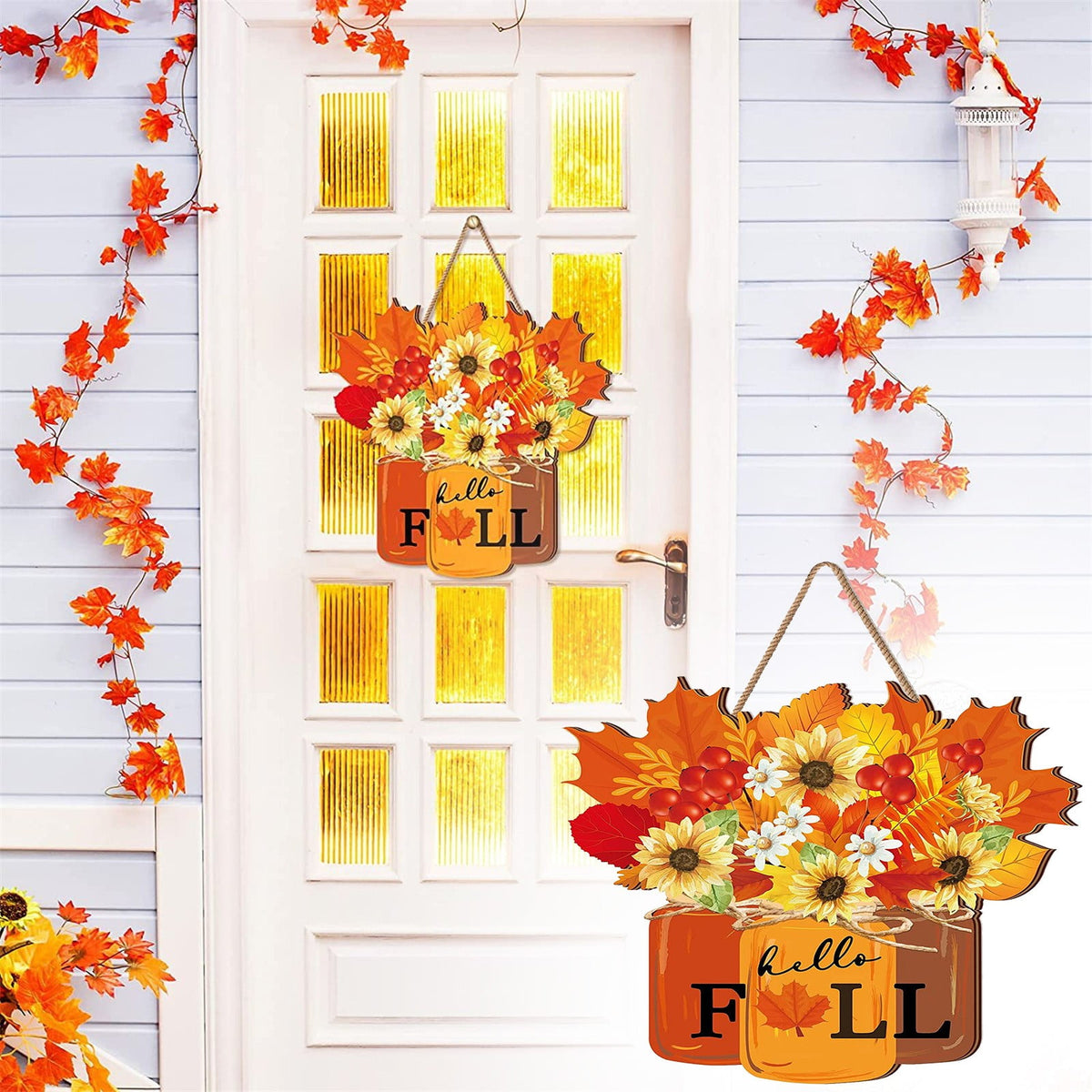 Jierger Halloween Door Decorations Indoors Outdoor Fall Wreaths for The Front Door Fall Leaves Pumpkin Wreaths for Thanksgiving Halloween Home Outdoor Indoor Window Walls Fall Decorations 11.8"x 11.8"