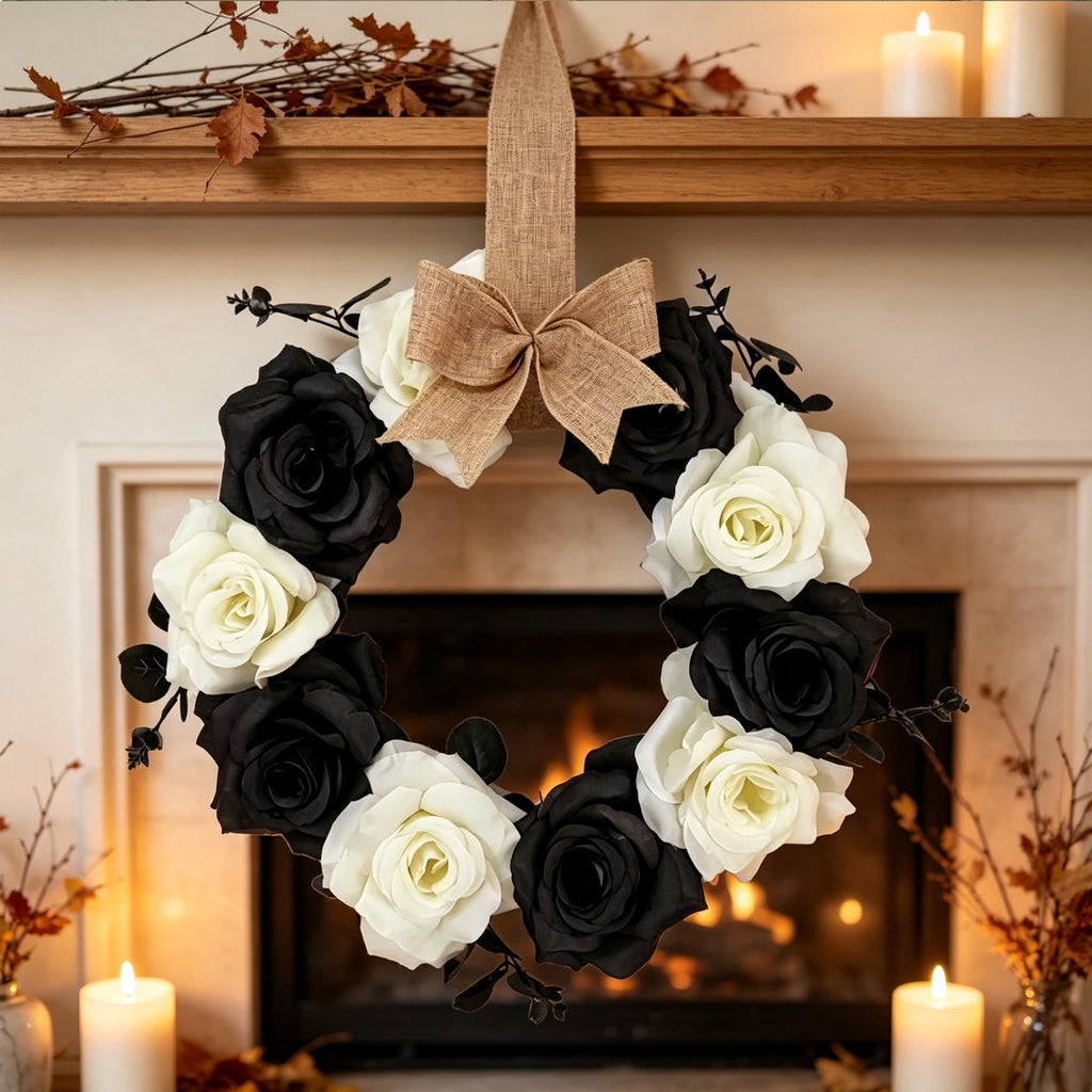 Halloween Rose Wreath, 11.81 Inch Black & White Artificial Flower Wreath with Burlap Bow, Gothic Front Door Wall Hanging Decor for Fall Autumn Home, (1PC)