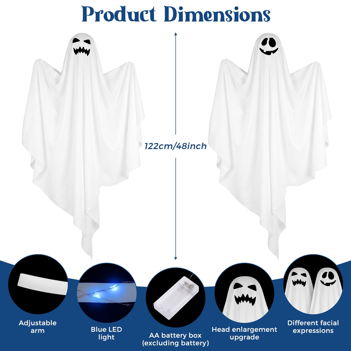 Scidweet Halloween Ghost Decor, 2 Pack 48" Light up Hanging Halloween Ghosts Blue LED Light Yard Garden Porch Outdoor Decorations