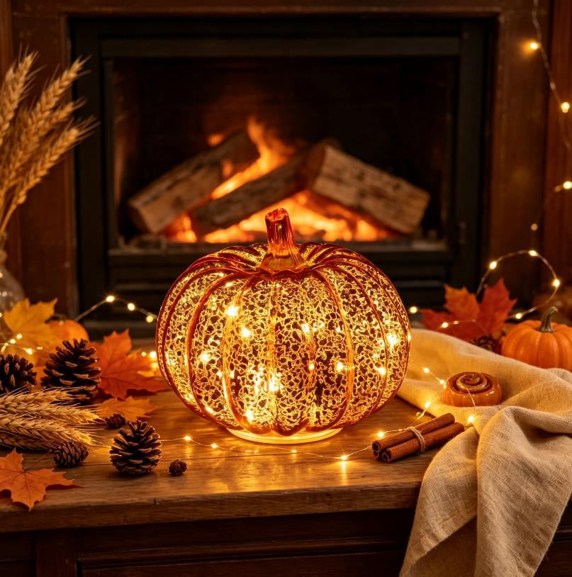 Halloween Fall Pumpkin Lamp,Sparkling Glass Pumpkin Night Lantern,6.6x5.5 inch Light Up Pumpkin Decor,A