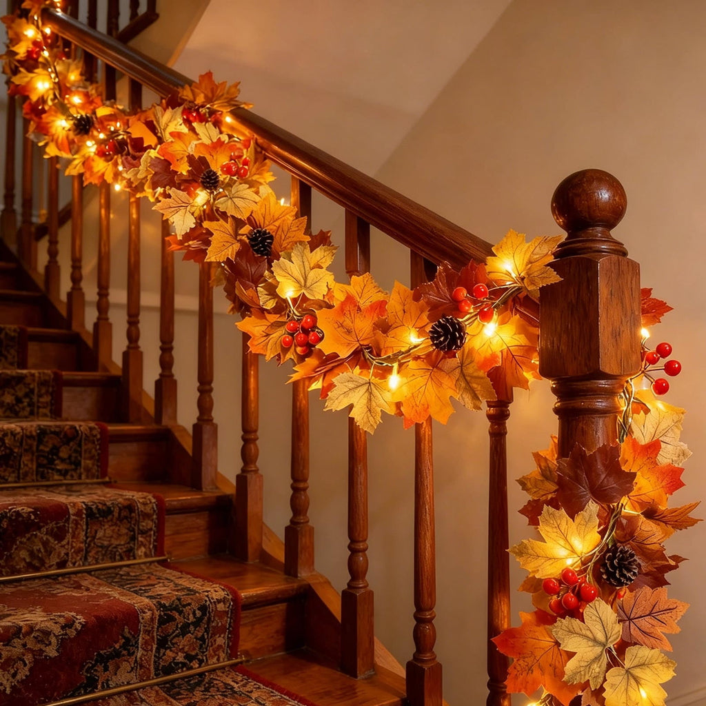 Fall Decorations for Home, 71 inch Fall Garland with Lights, Glowing Artificial Maple Leaves Home Decor Thanksgiving and Halloween, Bright colors