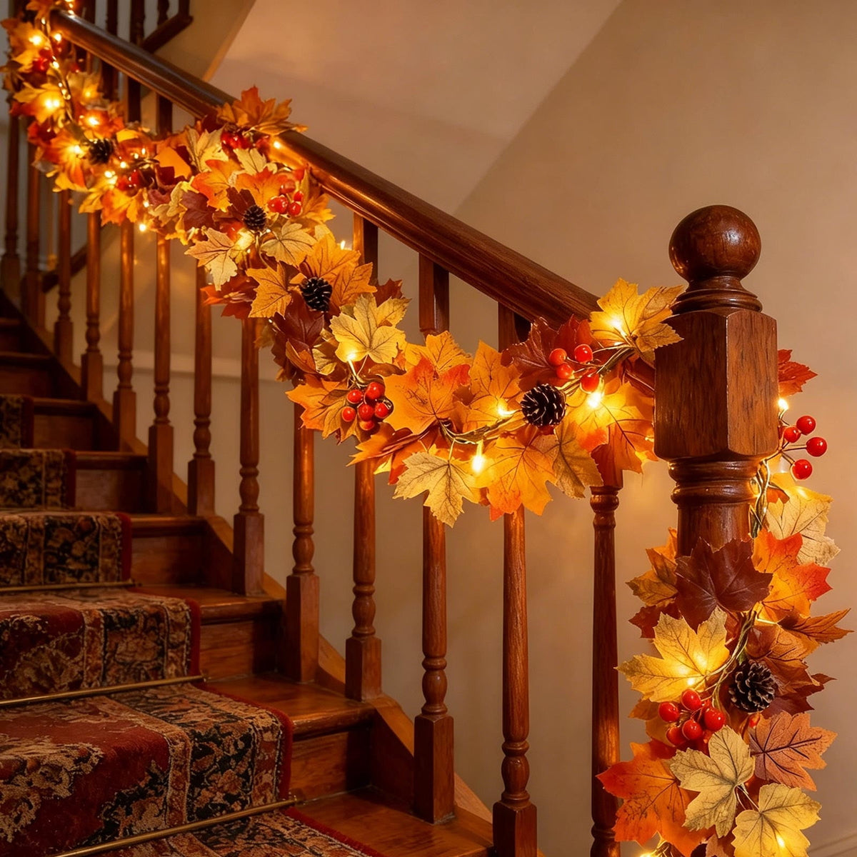 Fall Decorations for Home, 71 inch Fall Garland with Lights, Glowing Artificial Maple Leaves Home Decor Thanksgiving and Halloween, Bright colors