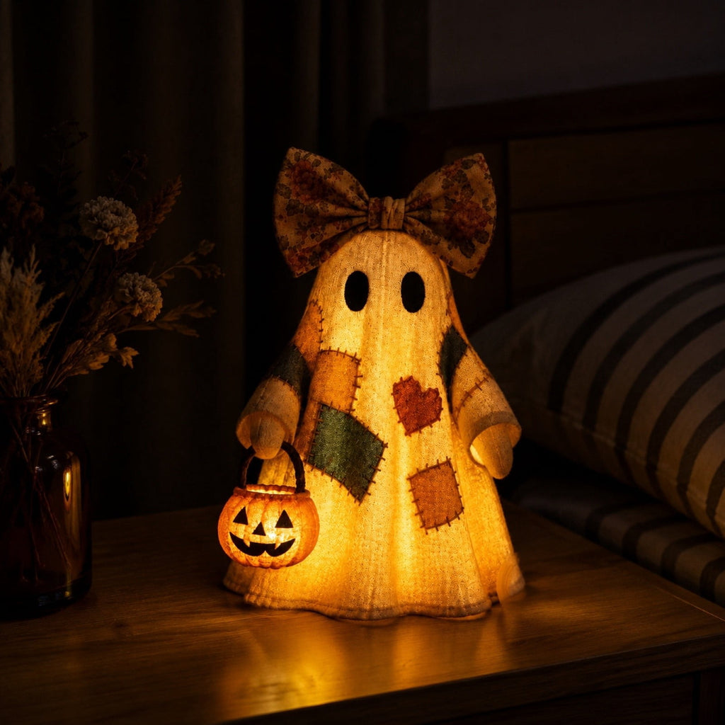 Vintage Patchwork Ghost,Halloween Decor Gifts Under 20 Vintage Patchwork Ghost with Lighted Pumpkin Lantern, LED Glowing Halloween Figurine, Rustic Fall Decor for Mantel Porch